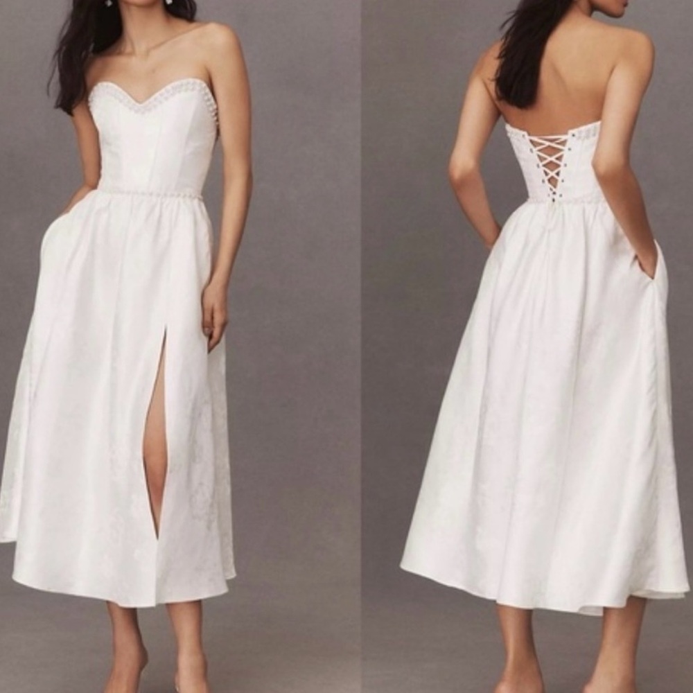 V. Chapman Lucia White Strapless Pearl Bustier A-Line Dress with Slit